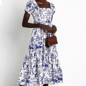 OPT Toile Daphne Cotton Smocked Dress White Blue Midi Square Neck Size Medium